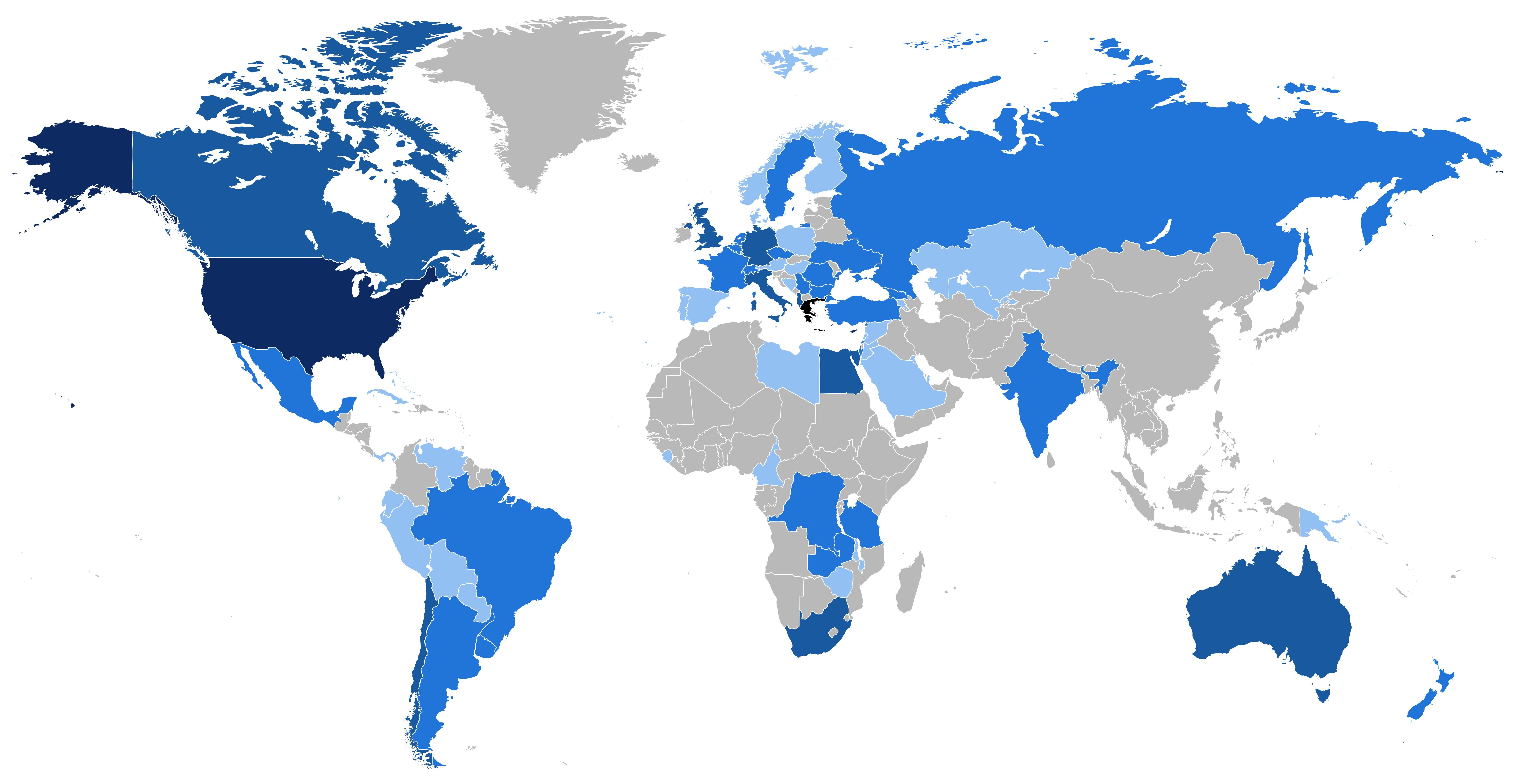 Map showing Greek diaspora communities around the world